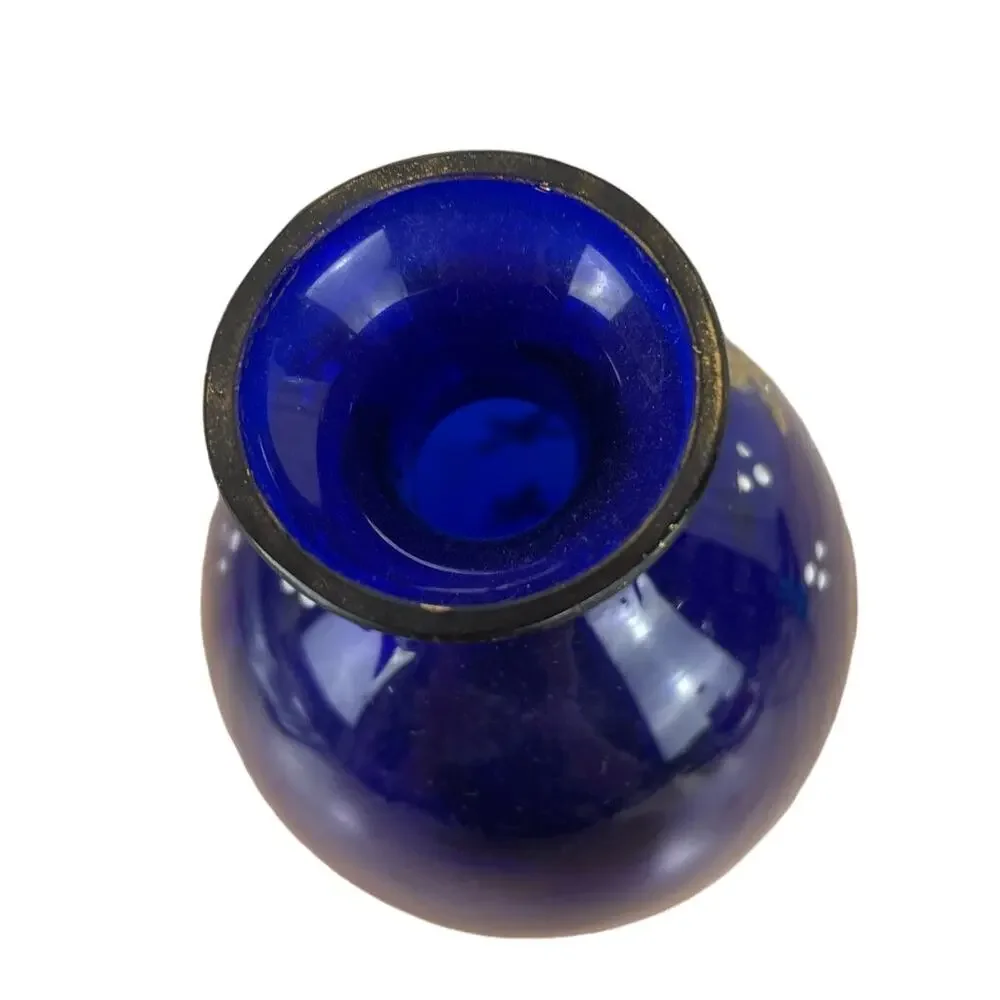 Vintage Signed Moser Art Glass Cobalt Blue Vase Gold Gilt Good Condition